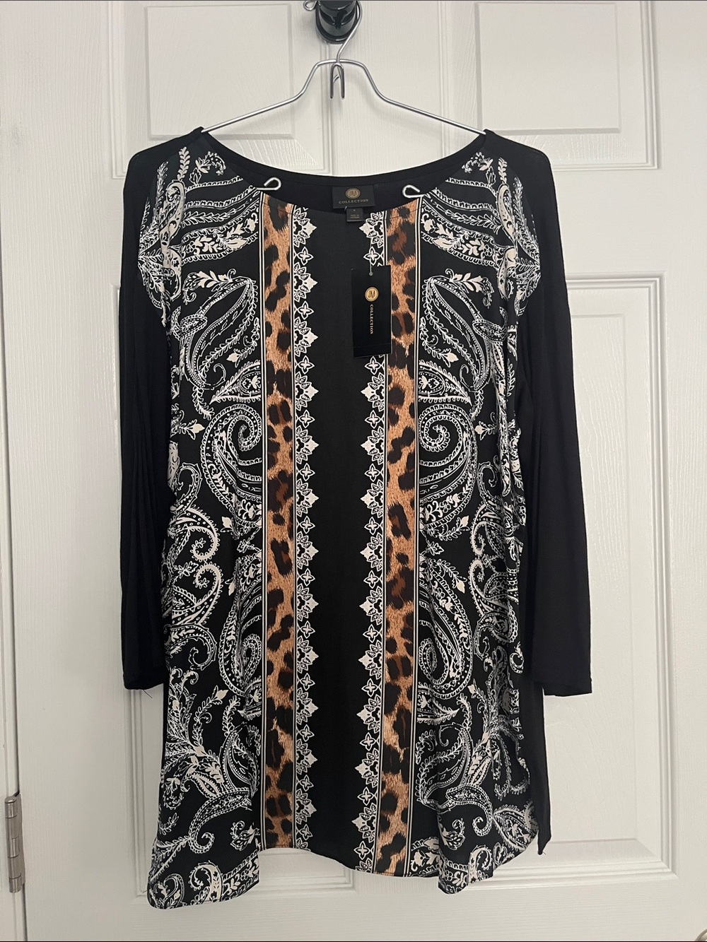 JM Collection Black Paisley Tunic Dress with Leopard-Print Trim